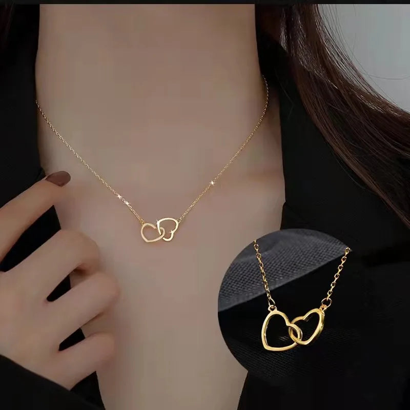 Stainless Steel Pendant Hollow Double Heart Necklace Custom Fashion Interlock Heart Necklace for Valentine'S Day Gift Jewelry