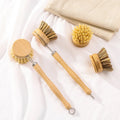 Bamboo Kitchen Cleaning Scrub Brush with Long Handle Replacement Head Natural Sisal Pan Pot Brush Dish Bowl Washing Brush Kit