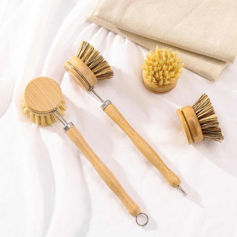Bamboo Kitchen Cleaning Scrub Brush with Long Handle Replacement Head Natural Sisal Pan Pot Brush Dish Bowl Washing Brush Kit