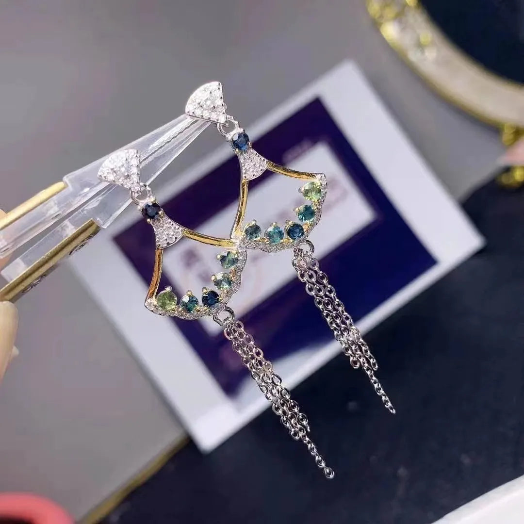 925 Sterling Silver Luxury Long Natural Sapphire Drop Earrings for Girls Low MOQ Good Price Gold Plated Accessories