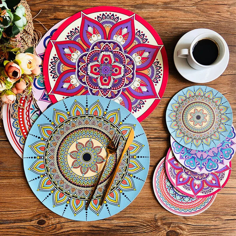Bohemian Style Printed Leather Insulation Pad Waterproof Oil Round Coaster Vintage Decorative Table Runner