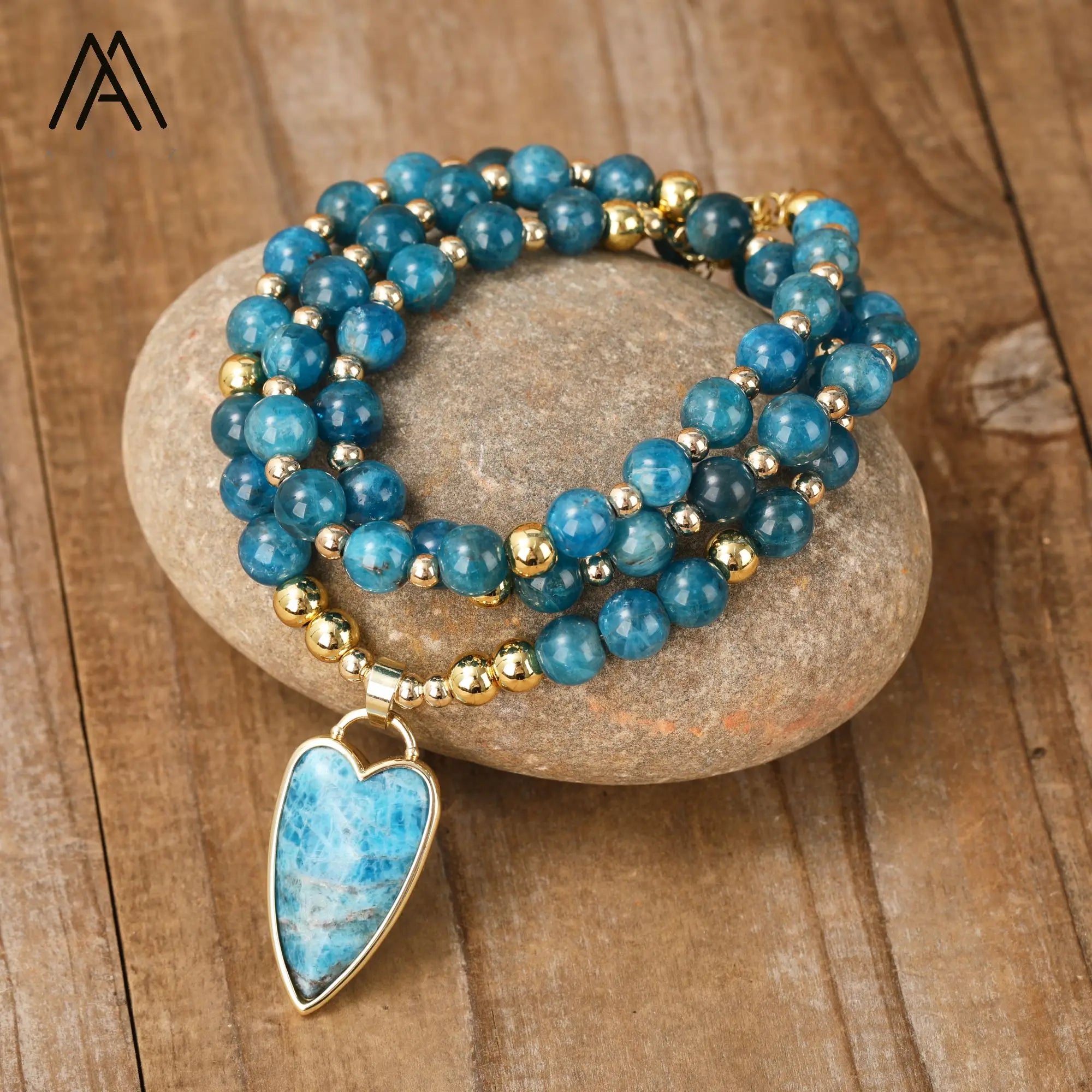 Natural Blue Apatite 8mm Round Beads Healing Crystal Heart Pendant Gold Plated Bohemia Necklace
