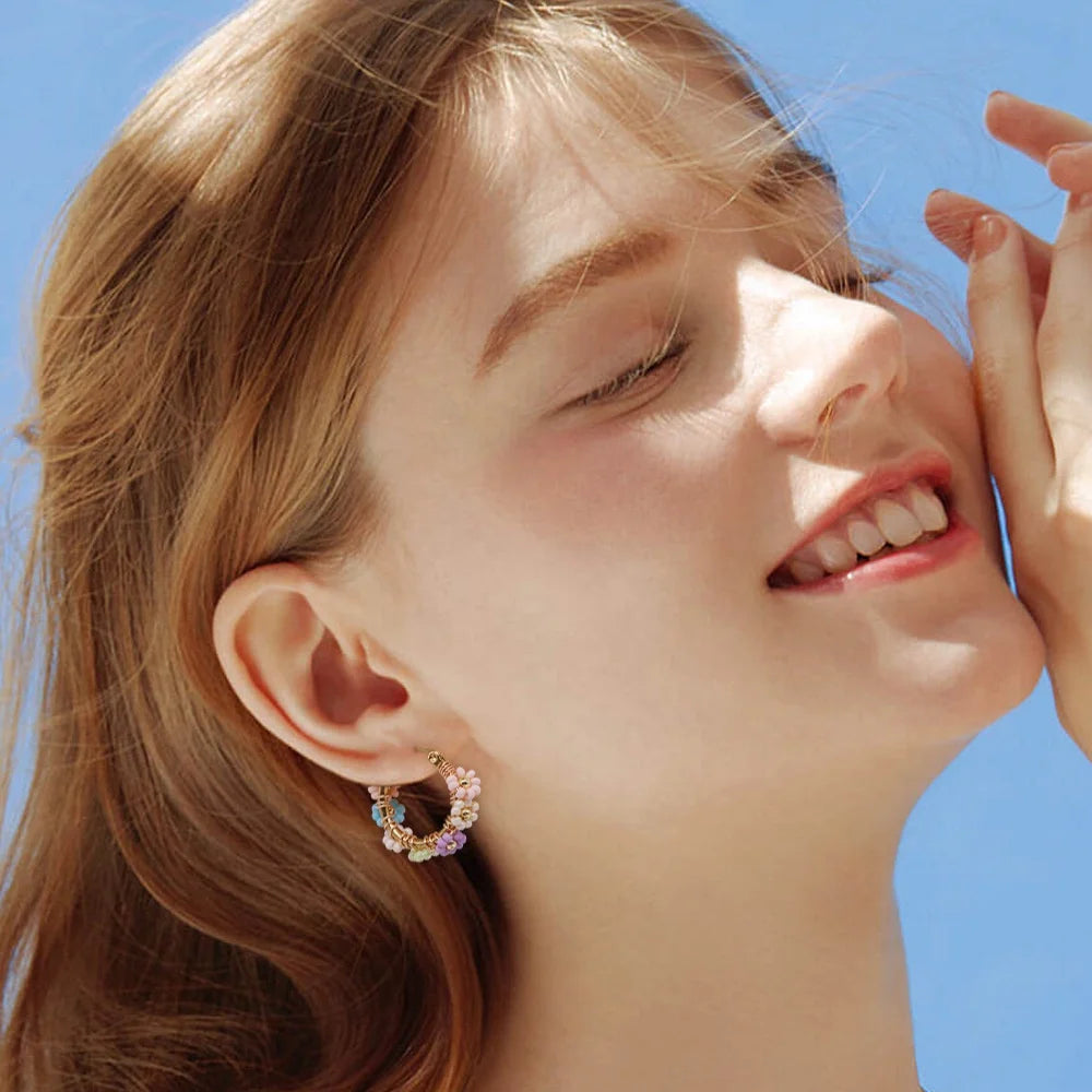 2.5cm Romantic Stainless Steel Jewelry Colorful Seed Bead Hoop Earrings Daisy Flower Earrings