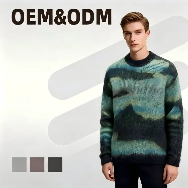 Custom LOGO  Winter Crew Neck Jacquard Mohair Alpaca Wool Long Sleeve  Knitted  Pullover Sweater Jumper