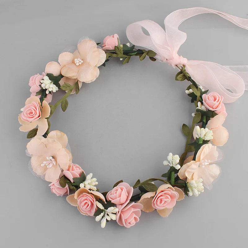 Spring Colorful Artificial Rose Flower Headband Boho Tiaras Wedding Fabric Floral Wreath Headpieces Hair Garland for Bridal