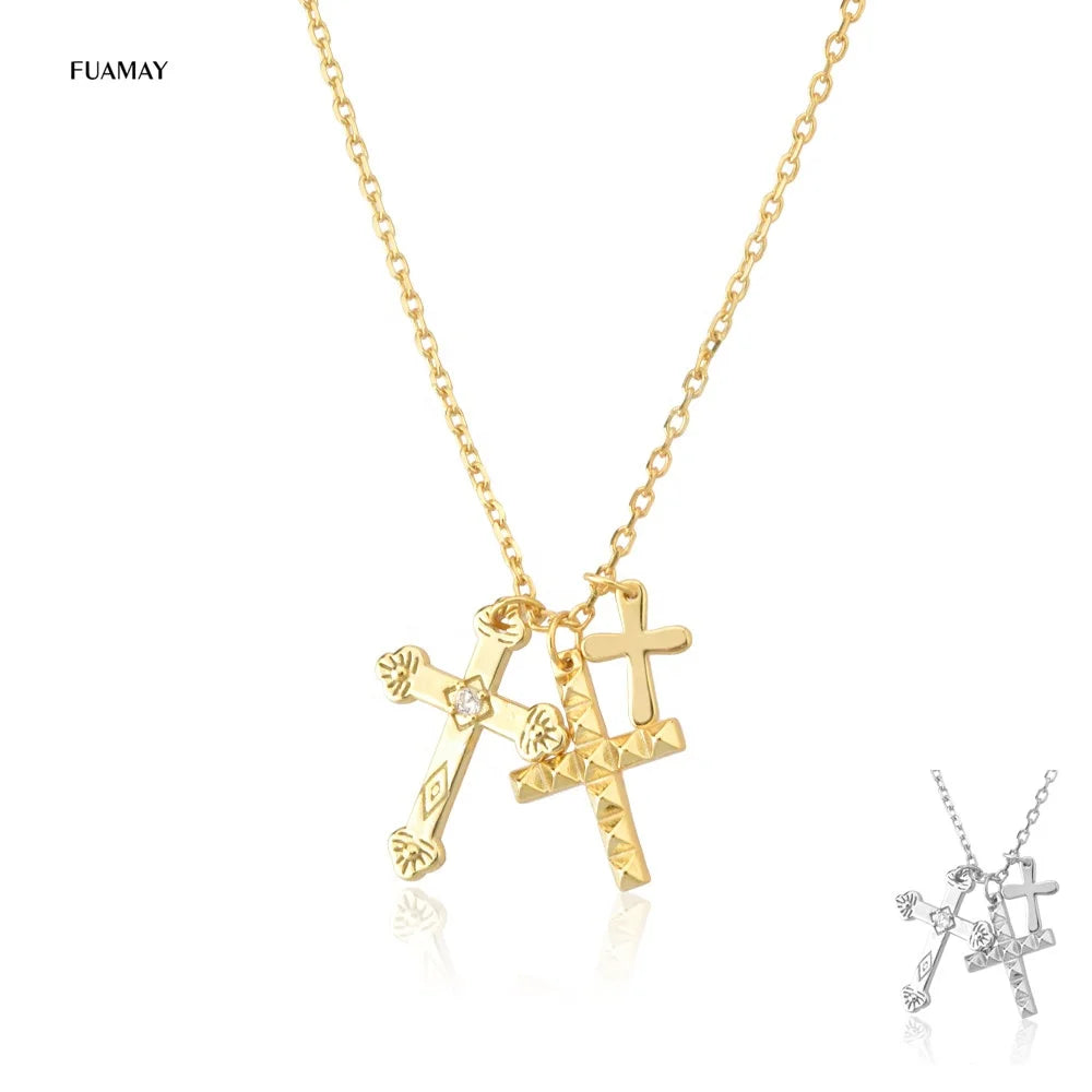 FUAMAY Wholesale Gold Plated Link Chain Necklace 925 Silver CZ Three Celtic Cross Wedding Gift