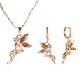 fairy Tail Tinker Bell Elf Angle Cubic Zirconia Brass 18k Gold Plated Fine Necklace and Earring Jewelry Sets for Teens Kids Gift