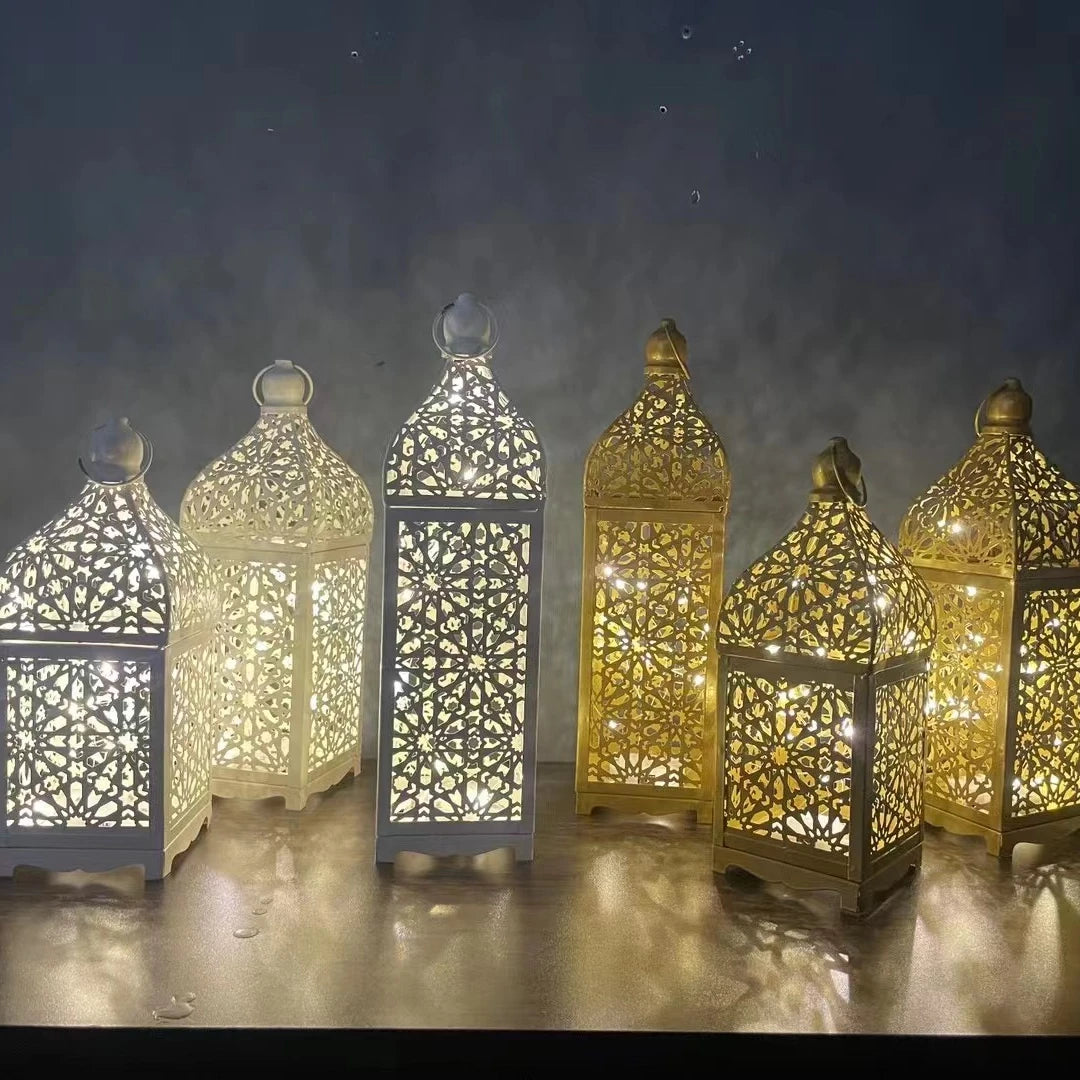 Islamic Arabic Home Decor Festival Christmas Metal Crafts Table Led Lamp and Lanterns Lights Wedding Moroccan Ramadan Lanterns