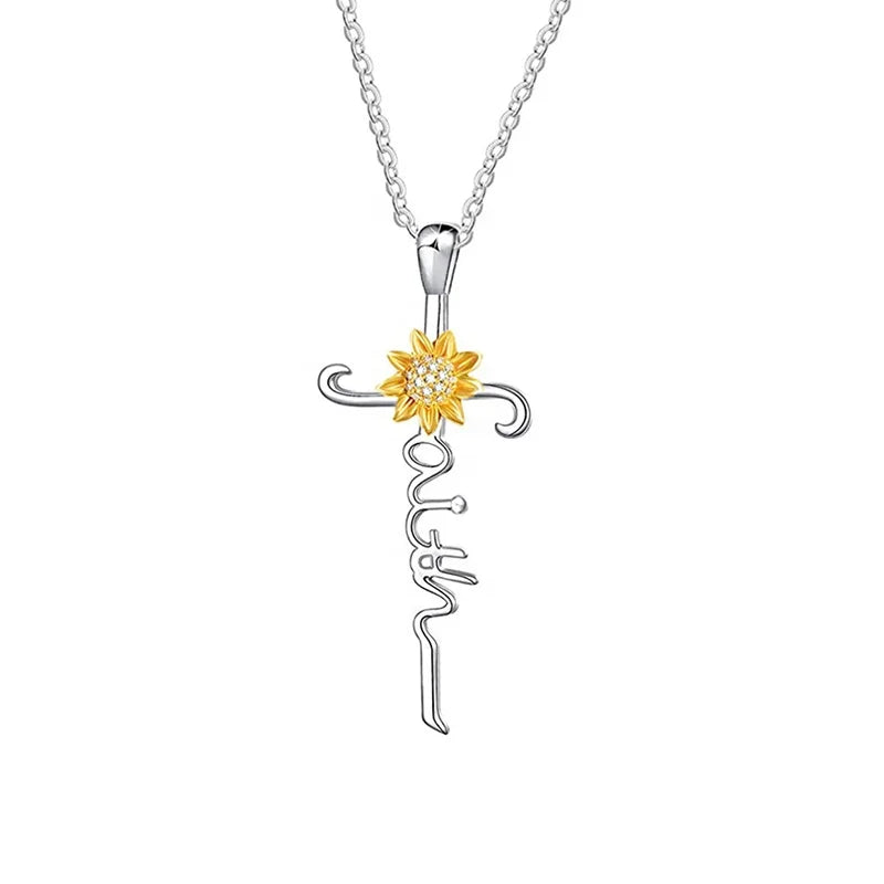 GP109 Plated Gold Sunflower Pendant 925 Sterling Silver Simple CZ Women Faith Jesus Sunflower Cross Jewelry Necklace Pendant