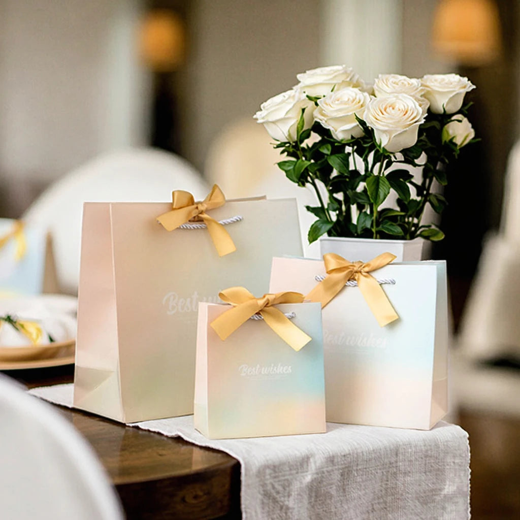 Fade Color Luxury Handle Paper Bag With Custom Logo Printing China Supplier Paper Bags With Silk Ribbon Handle