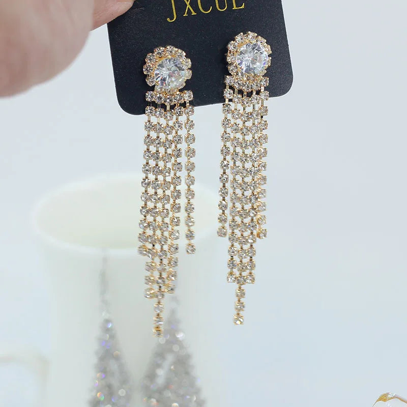 Gold silver Luxury Shiny Rhinestone Long Chain Dangle Earrings Women Girls Fashion Statement Dangle Tassel Earrings