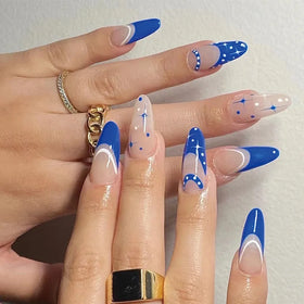 Blue Simple 24PCS Design Medium Length French Almond Nails Press On Full Cover False Nail Press on Nails with Painting Nail Art