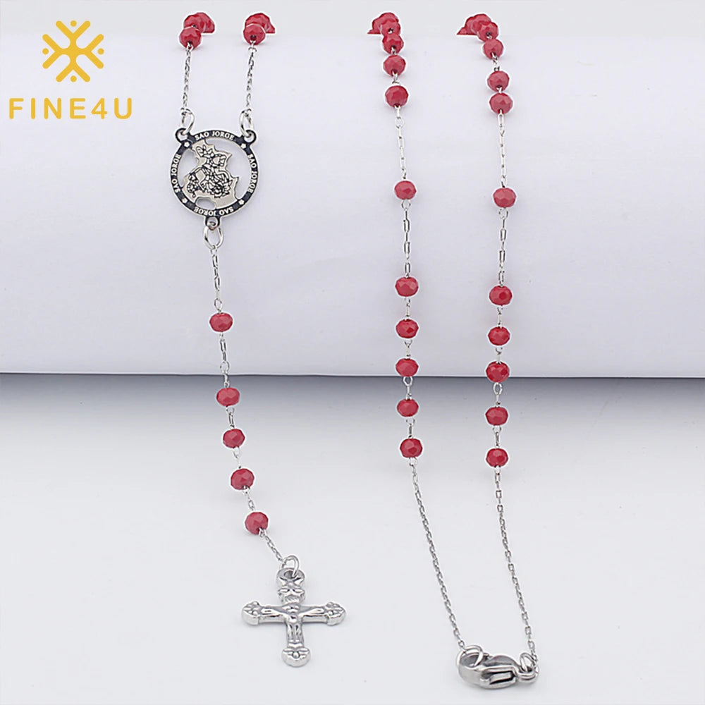 Wholesale Jewelry Manufacturer China Fashion Religious Long Red Christian Cross Pendant Stainless Steel Rosary Beads Necklace