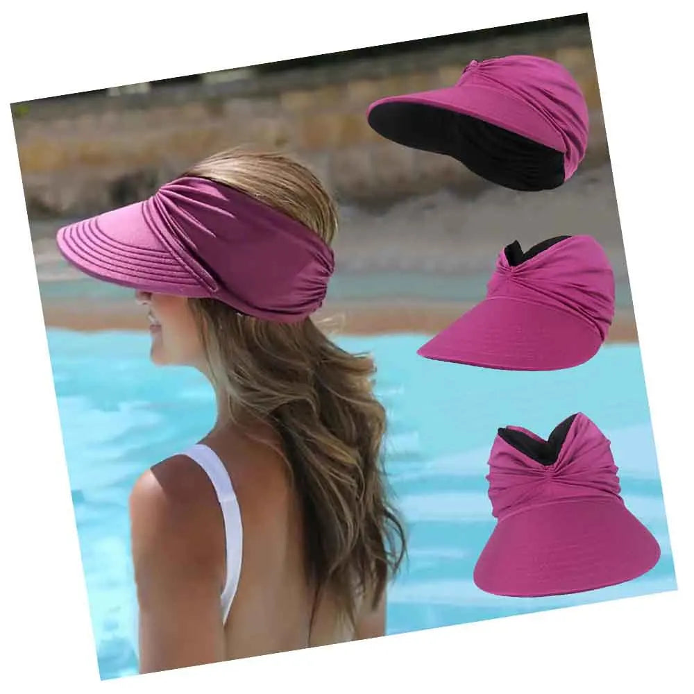 Adult Summer Beach Swimming Empty Top Ponytail Baseball Reversible Wide Brim Sun Hat UV Protection Sun Visor Cap for Women