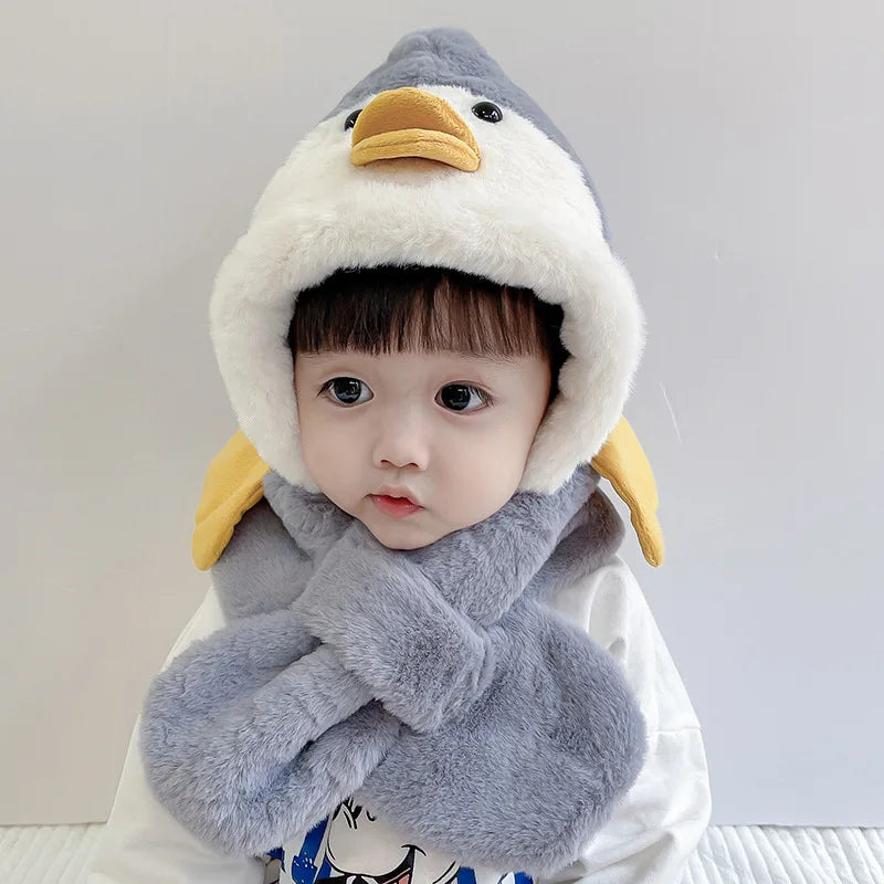 Winter Thickened Warm Plush Penguin Ear Protection Hat Scarf Cute Baby Design for Outdoor Cycling Beach One Size Fits Boy Girl