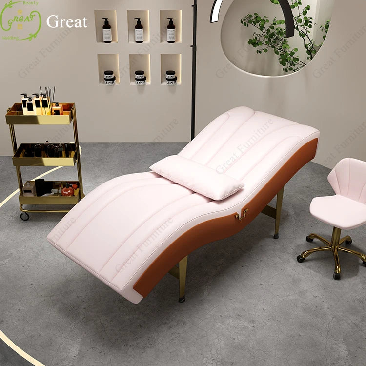 Hot Sale Modern Beauty Salon Gold Metal Curved Massage Table Luxury pink Curved Lash Bed for Sale