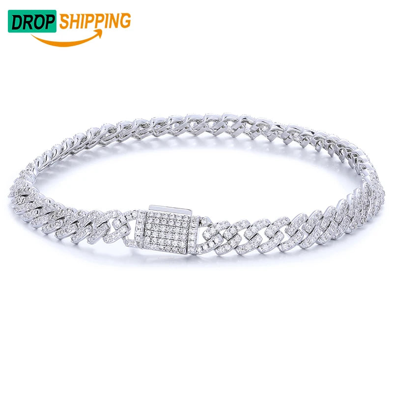 Fine Hip Hop Jewelry 6mm White Gold 925 Sterling Silver VVS Moissanite Diamond Iced Out Cuban Link Chain Bracelet for Men Women