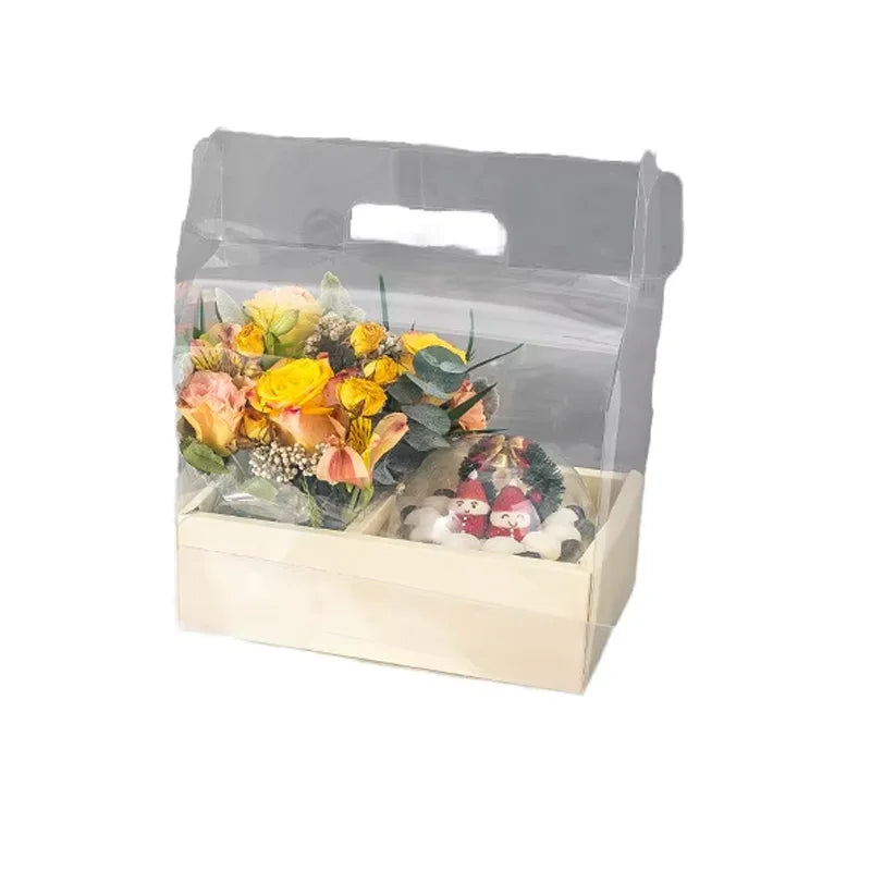 Customized Recyclable PVC Portable Folding Transparent Flower Carrier with UV Coating Matt Lamination Embossing Handle