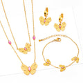 Fashionable Irregular Butterfly Pearl Tassel Necklace Stainless Steel Bracelet Pink Diamond Earrings Set