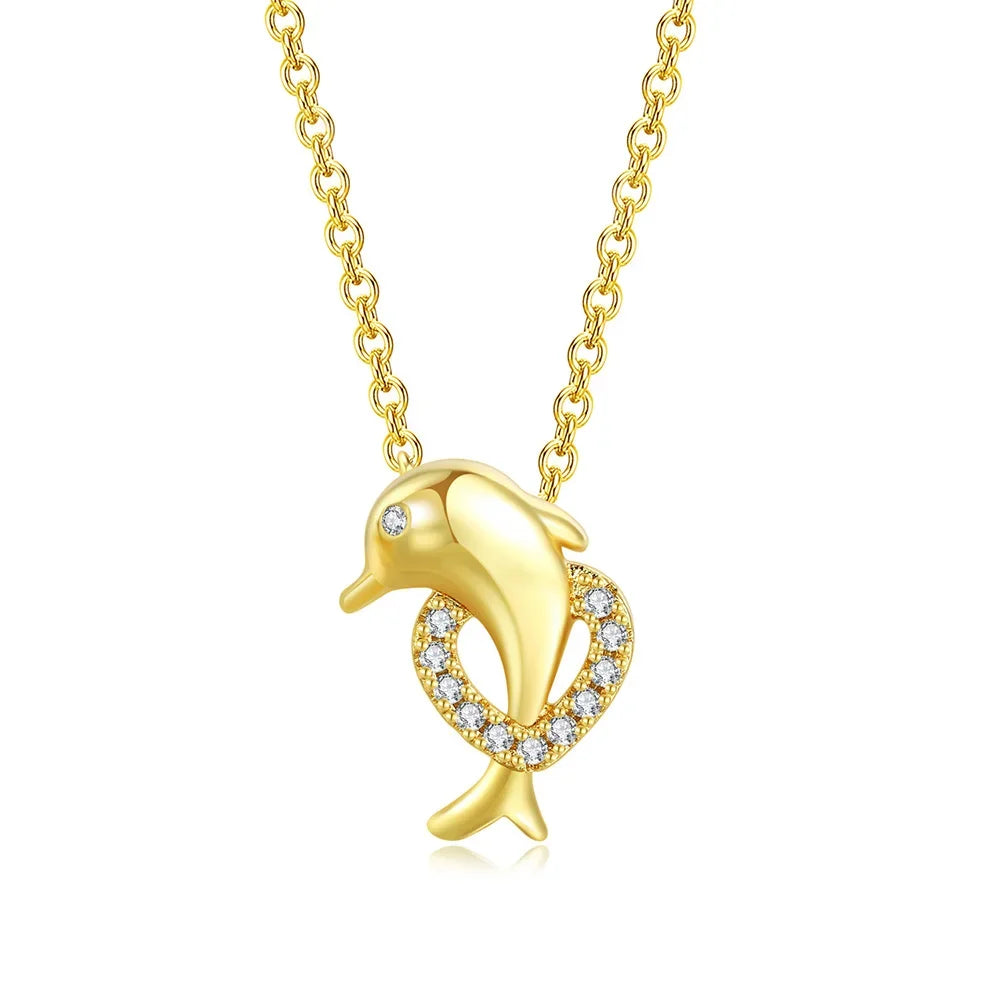 Cute Dolphin Pendant Necklace for Women Kawaii Gold Color Heart Cubic Zirconia Choker Chains on Neck Fashion Jewelry Gifts