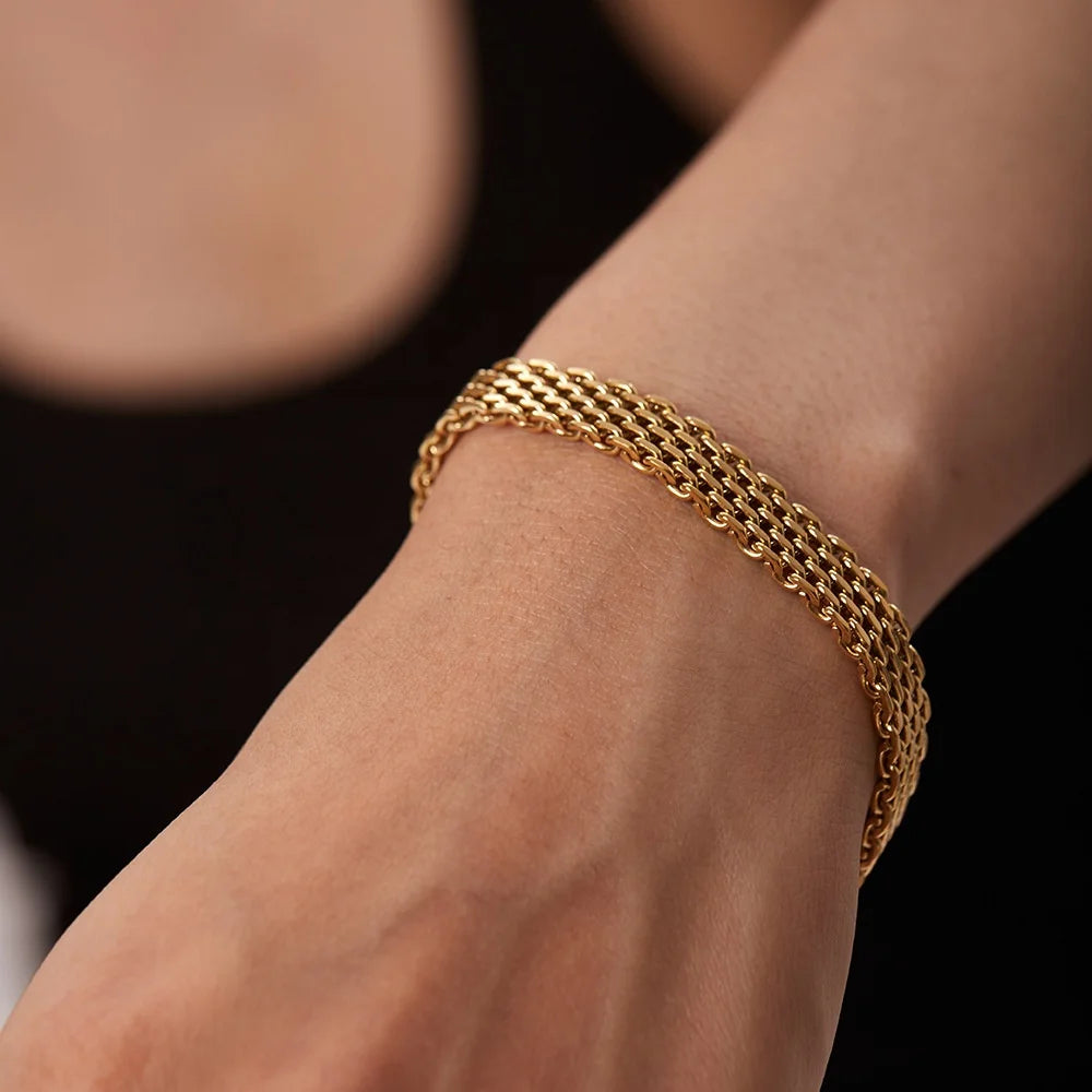 New Design 18K Gold Plated Stainless Steel Geometric Trendy Chain Bracelets Women's Minimalist Vintage Wide Fashion Jewelry Gift