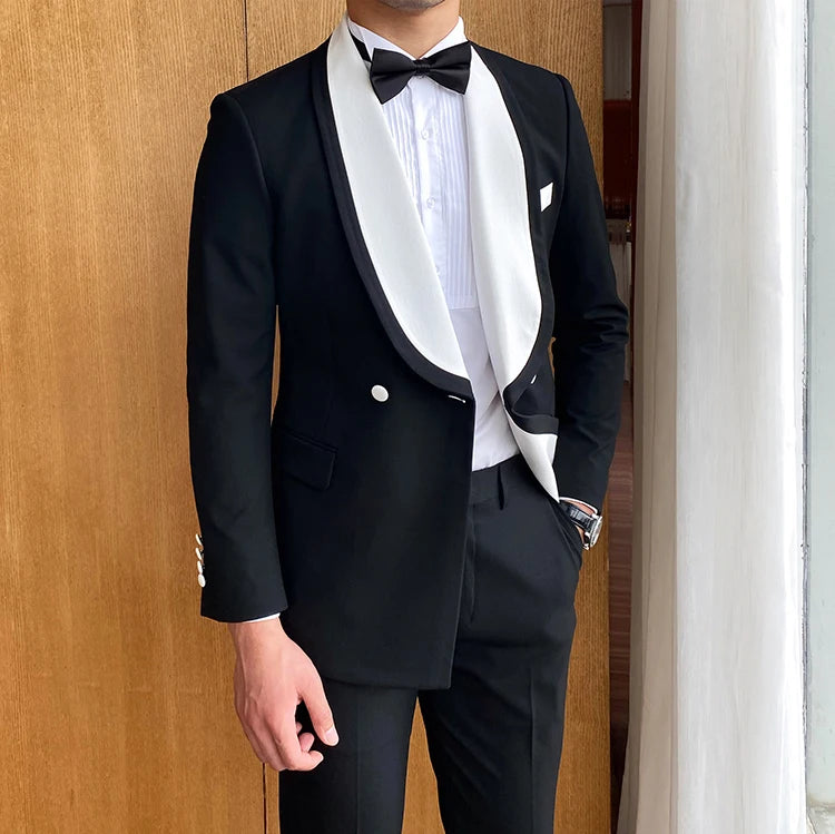 Black and White Contrast Stitching Banquet Slim Suit Men's Wedding Double Breasted Suit Best Man Suit Jacket