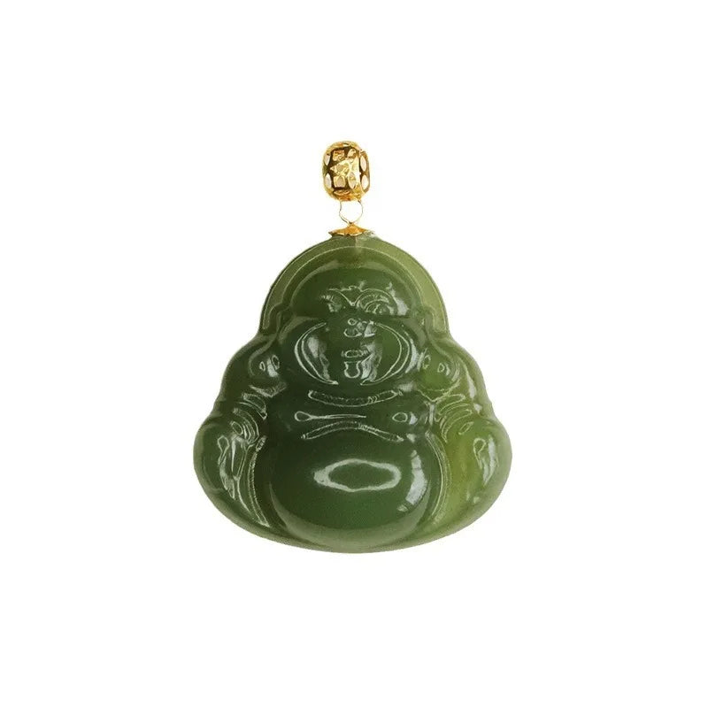 Buddha Stones Laughing Buddha Hetian Jade Healing Calm Necklace String Pendant