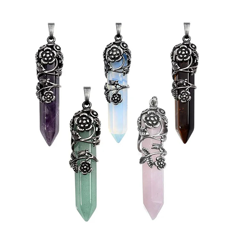 Hot Selling Antique Silver Flower Wrapped Natural Stone Quartz Gemstone Point Pendant Healing Crystal Necklace