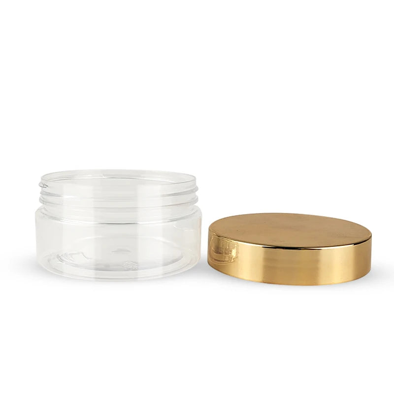 Food Grade Plastic Jars Shiny Gold Lid Screw Cap 50g 100g 120g 150g 200g 250g 500g Capacity PET Cream Jar for Face Masks 8 oz