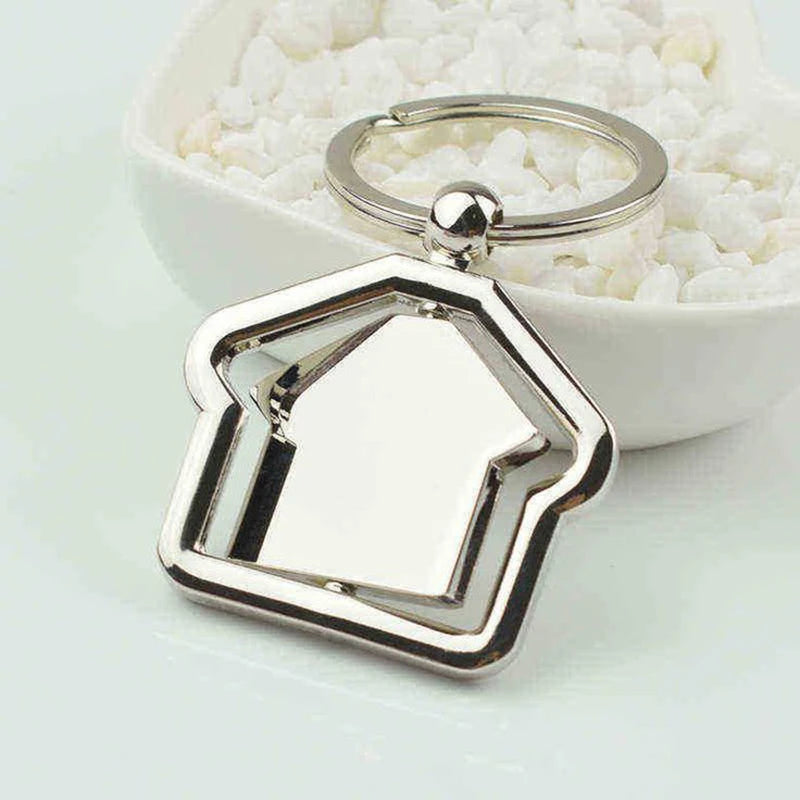 Professional Custom Engraved Stainless Steel Keychain Factory's Vintage Cartoon Rectangle Square House Shape Blank Metal Logo