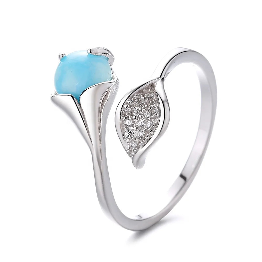2022 New Stylish Exquisite Silver-plated Adjustable Open Leaf 925 Sterling Silver Turquoise Ring for Men and Women Pearl Ring