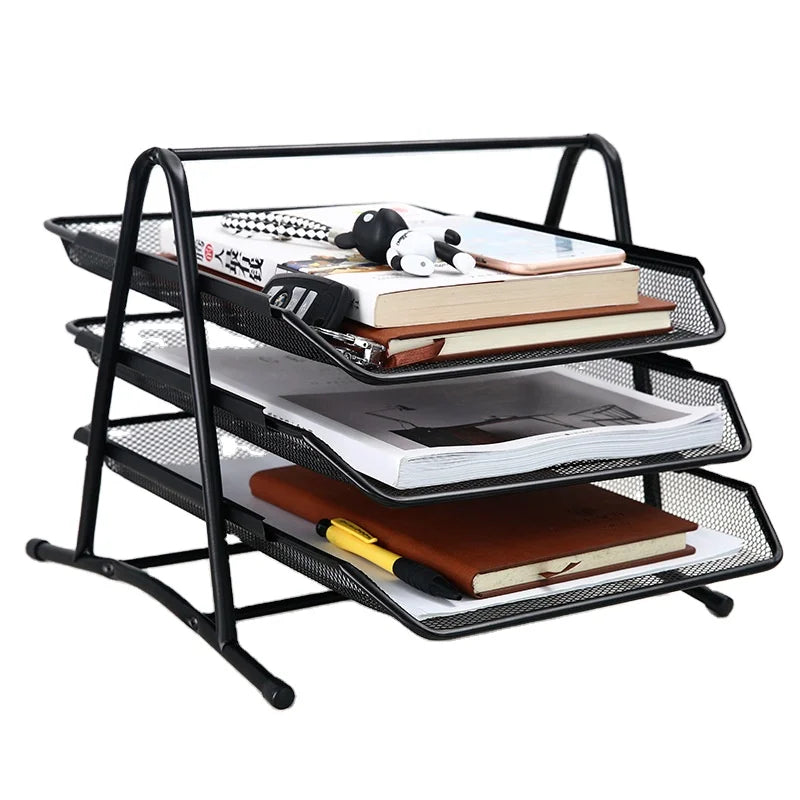 Wire Mesh Metal Office Document Holder 3-Tier Desktop File Tray for Tools with Multifunction Design