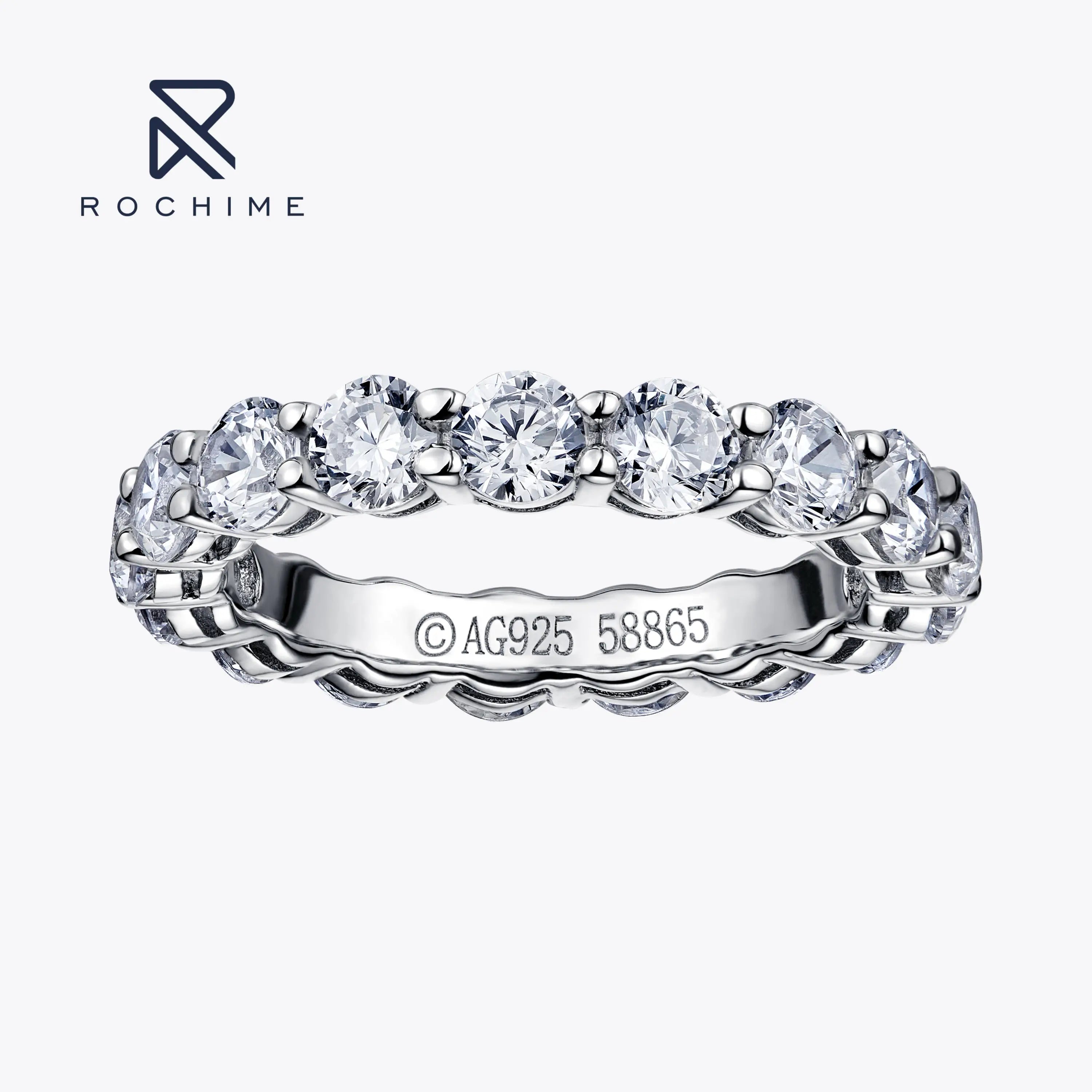 Rochime Prong Set Round Brilliant  Wedding Band  S925 Silver Rhodium Plated  Cubic Zirconia Rings for Women