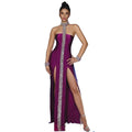 C3701 European and American Style Beaded Women Midi Knitted Dress Purple Ladies Halter Party Dress