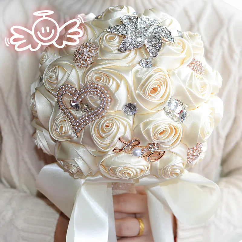 European Style Wedding Ribbon Roses Bouquet 16 Colors Available Bride Wedding Bouquet