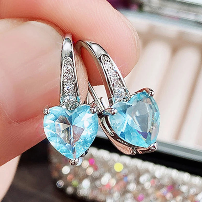 CAOSHI Trendy Heart Design Sea Blue/Royal Blue Crystal Cubic Zirconia Earrings for Women Fashion Party CZ Hoop Earrings Jewelry