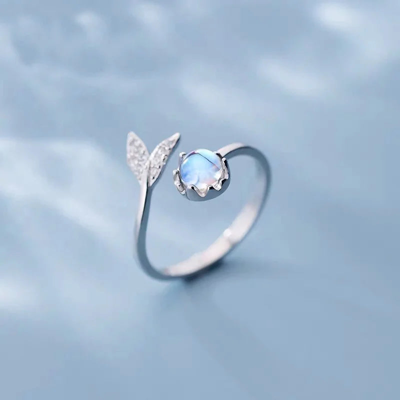 925 Sterling Silver Cute Dolphin Mermaid Tail Moonstone Gemstone Opal Ring Delicate Adjustable Rings Women Elegant Jewelry