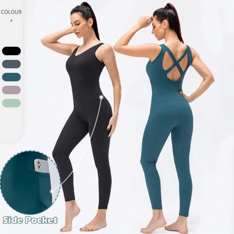 Custom Active Wear Yoga Cross Back V-Neck Women One Piece Jumpsuit With Pockets