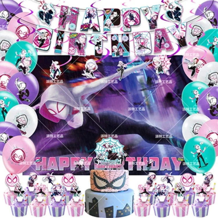 Cartoon Spider Gwen Theme Birthday Party Decorations for Girls Paper Banner Balloon Cupcake Topper Birthday Party Supplies X4180