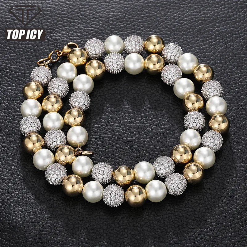 Top Icy 8mm AAA Cubic Zirconia Pearl Mix Necklace Luxury Hip Hop Necklace Bling  Pearl Chain Trendy Women Ball Bracelet