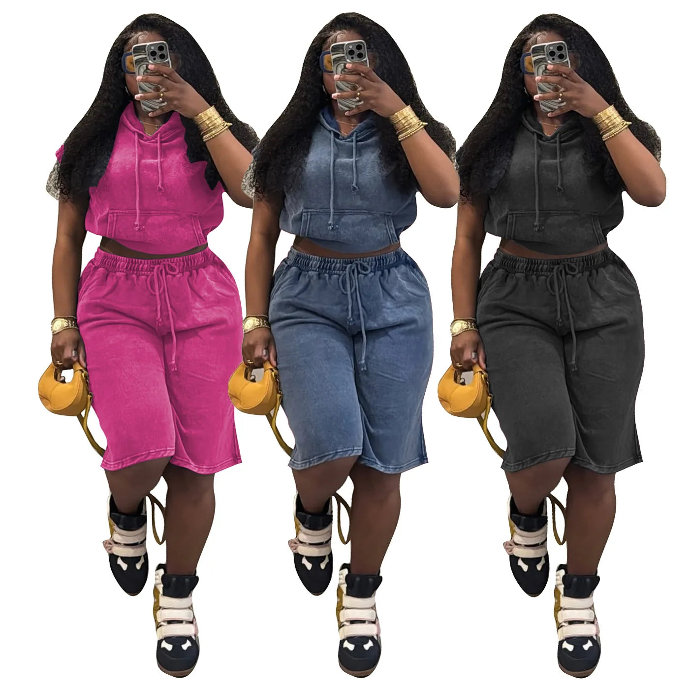 Summer Women Clothing Fashion Washed Short Sleeves Hooded Crop Top Midi Pants Women Casual Two Piece Set