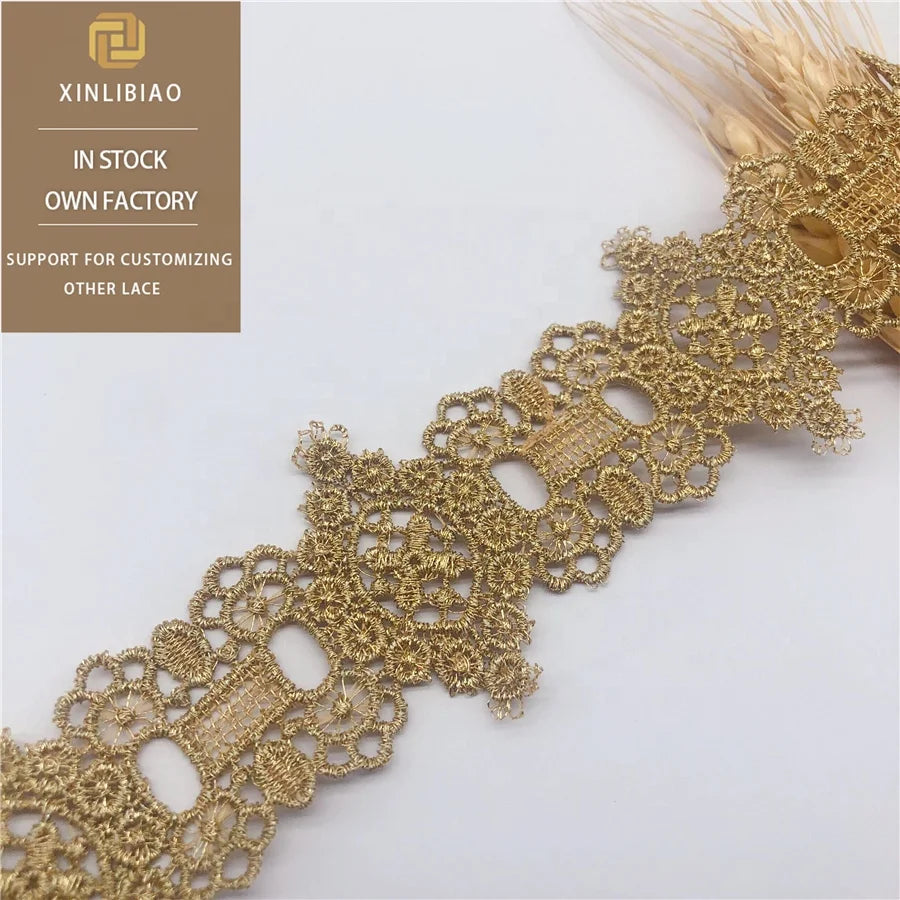 Factory Direct Water Soluble Gold Thread Lace with Barcode Embroidery Jewelry & Clothing Beads Decoration