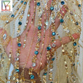 Luxury Gold Beads Lace Tulle Fabrics Dress Rhinestone Fabrics With Shiny Colorful 3D Crystal Stones for European Style Dress
