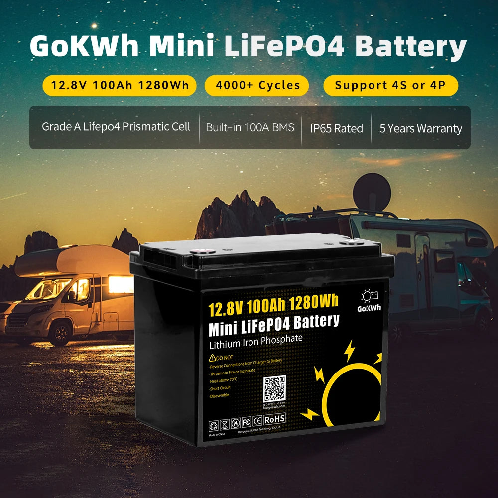 GoKWh 12V 12.8V 100Ah Battery Pack 50A 100A 200Ah Lithium Iron Phosphate Solar LCD RV Home Boat Storage Energy for Home Boat Use