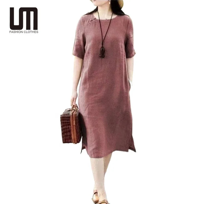 Liu Ming 2025 Trending Product Vintage Summer Women Casual Short Sleeve Loose Cotton Linen Beach Party Sundress Mid Dress