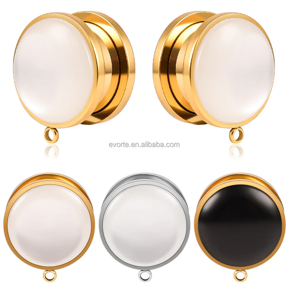 Evorte Custom 6-30mm 316L Stainless Steel Gold Plated Opal Ear Gauges Tunnels Black White Ear Plug Piercing Expander Dangles