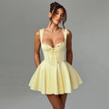 Women Yellow Lace Trim Straps Low Cut Bow Front Corset Waist Flared Mini Dress Square Back Elegant Party Slim Fit Dress