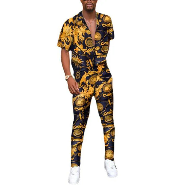 Summer Men Shirt Sets American Graffiti Print Suit Collar Shirt Slim Fit Casual Pencil Pants Streetwear Men Clothing Set