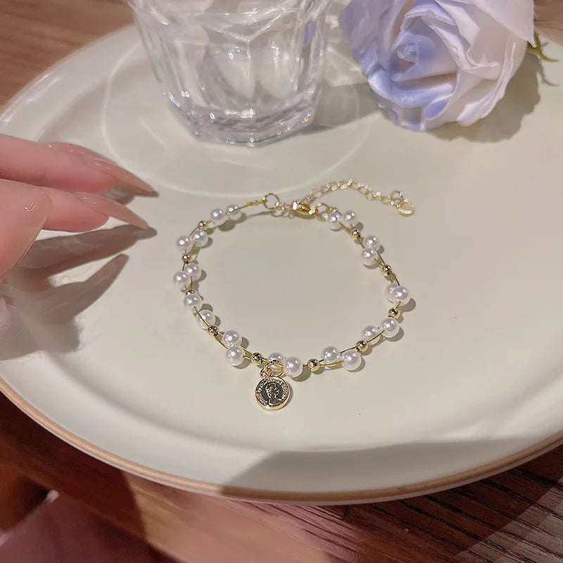Dainty Valentine CharmHandmade Jewelry Link Culture Pearl Plated 18K Gold Adjustable Bracelet for Women