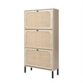 New Design Living Room Entryway Slim Narrow Hidden Wood Natural Rattan Shoe Storage Cabinet With 3 Flip Drawers